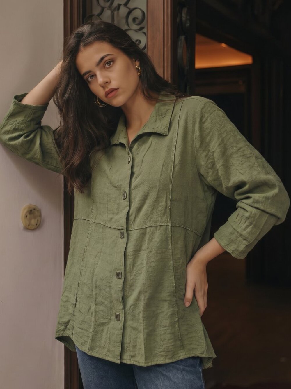 Habitat Olive Green Button-Up Shirt with Pockets
